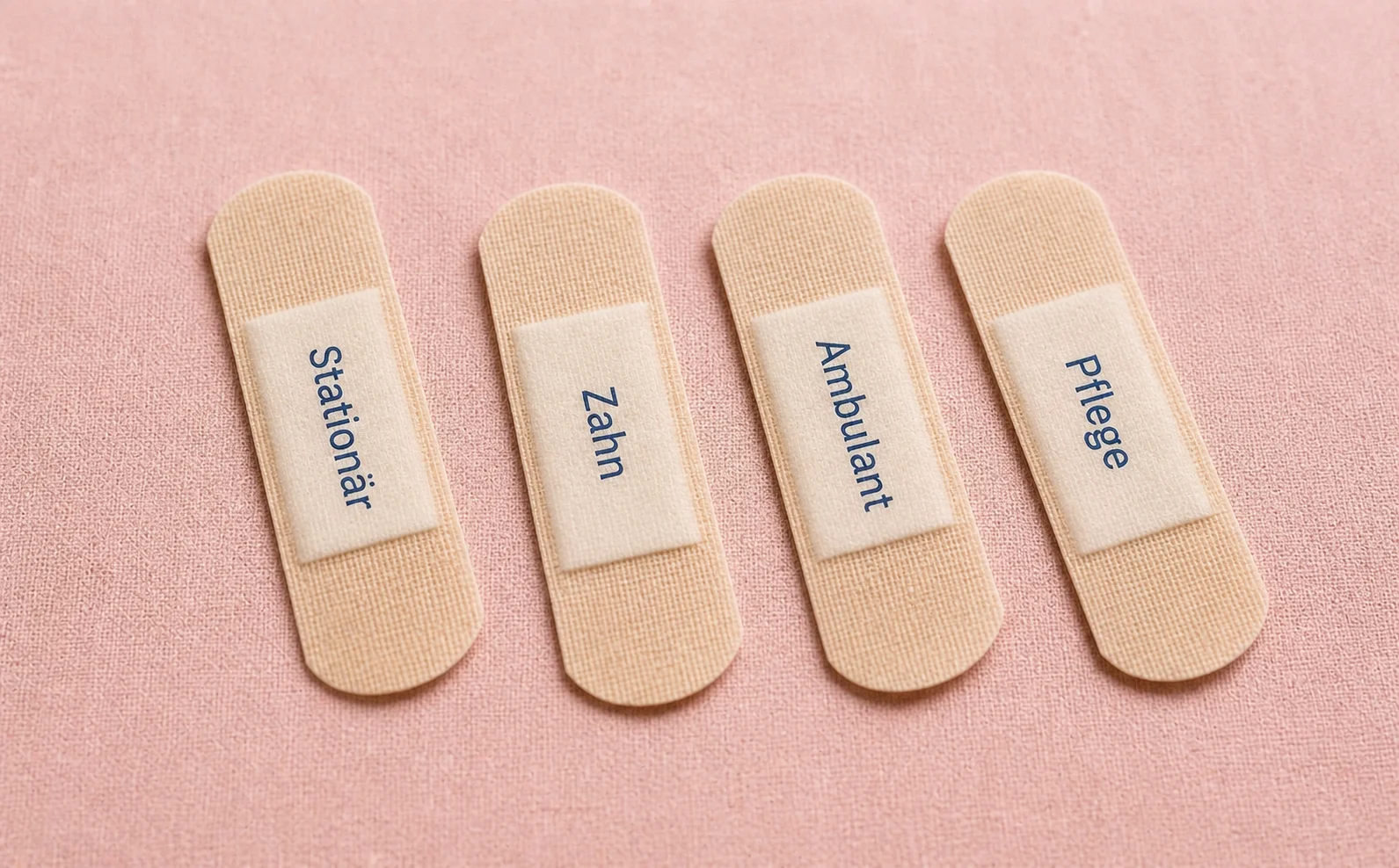 Vier klassische textile Stoffpflaster in cremefarben-beige liegen leicht versetzt nebeneinander auf einem pastell-rosa Stoff-Hintergrund. Auf der Wundauflage jedes Pflasters steht in dezenter dunkelblauer Schrift jeweils ein Wort: Stationär, Zahn, Ambulant, Pflege. Sinnbild für die vier Sparten der Krankenzusatzversicherung als Pflaster für die Lücken der GKV-Leistung.