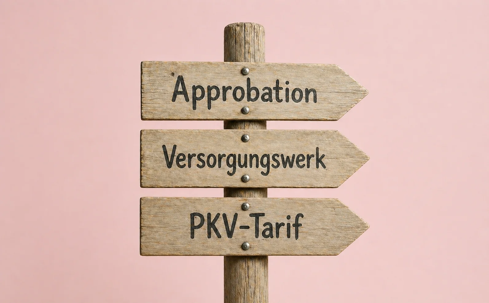 Wegweiser-Pfosten mit drei nach derselben Richtung zeigenden Holzschildern vor pastell-blush-rosa Studio-Hintergrund. Oberes Schild beschriftet mit Approbation, mittleres mit Versorgungswerk, unteres mit PKV-Tarif. Sinnbild für die drei Pflichten, die Ärzte in dieser Reihenfolge denken müssen.