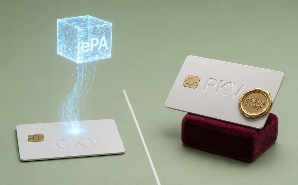 ePA und PKV: Karte mit Hologramm und Privilege-Lounge-Podest