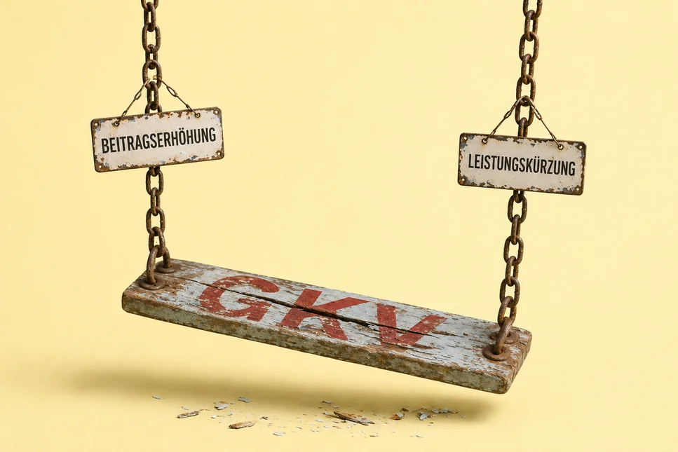Verwitterte Holzschaukel mit GKV-Aufschrift, daran hängende Schilder mit Beitragserhöhung und Leistungskürzung, vor knall-gelbem Studio-Hintergrund