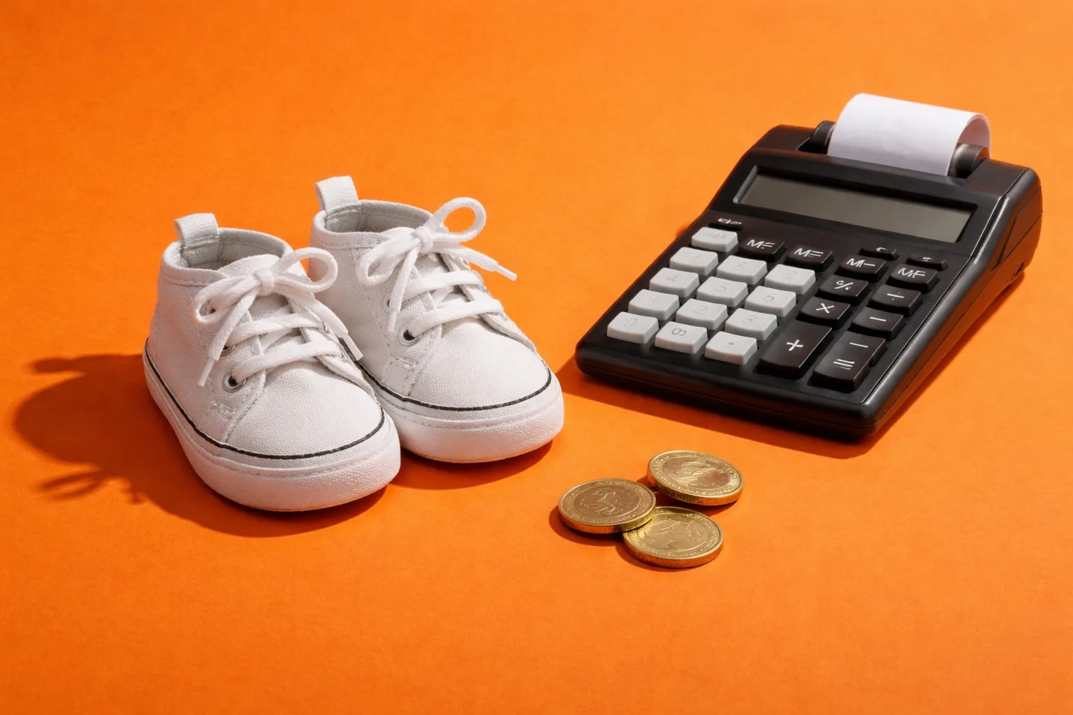 Elternzeit und PKV: Babyschuhe neben Taschenrechner