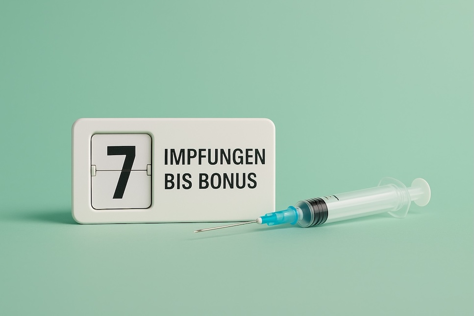 Spritze neben Zähler: 7 Impfungen bis Bonus – Symbol für GKV-Quotendruck